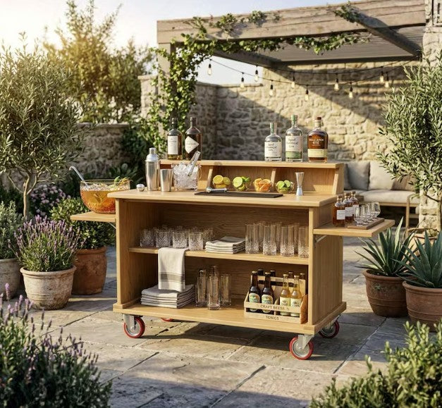 Chariot de bar extérieur en bois installé sur une terrasse de jardin