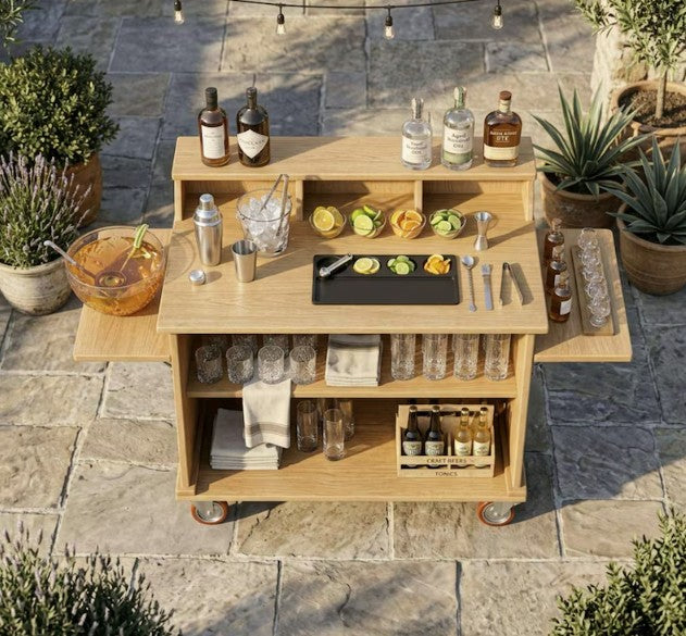 Chariot de bar extérieur en bois installé sur une terrasse de jardin-bopapy