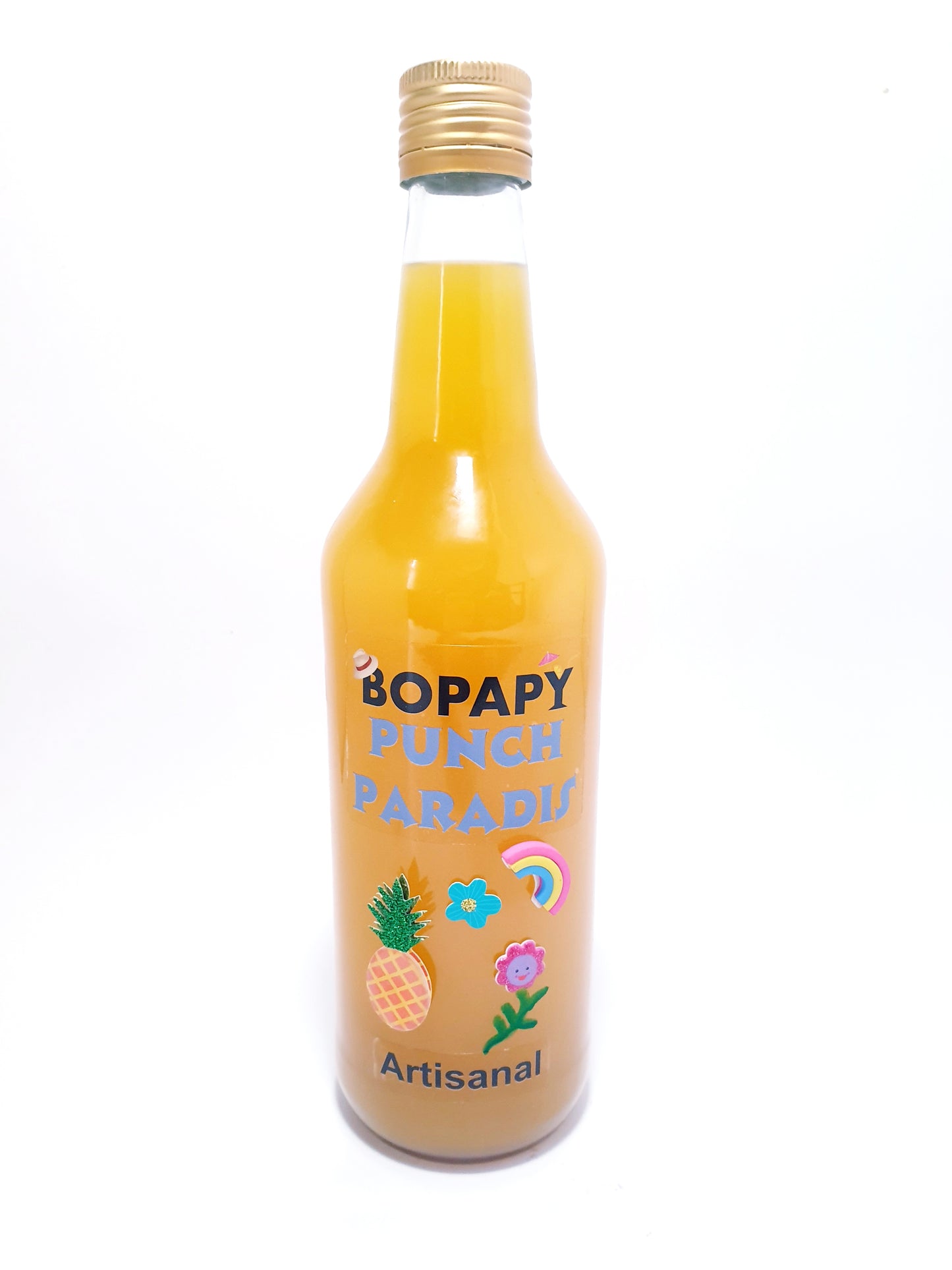 Bouteille de Punch Paradis BOPAPY, cocktail artisanal prêt à servir au rhum, ananas, orange et vanille.