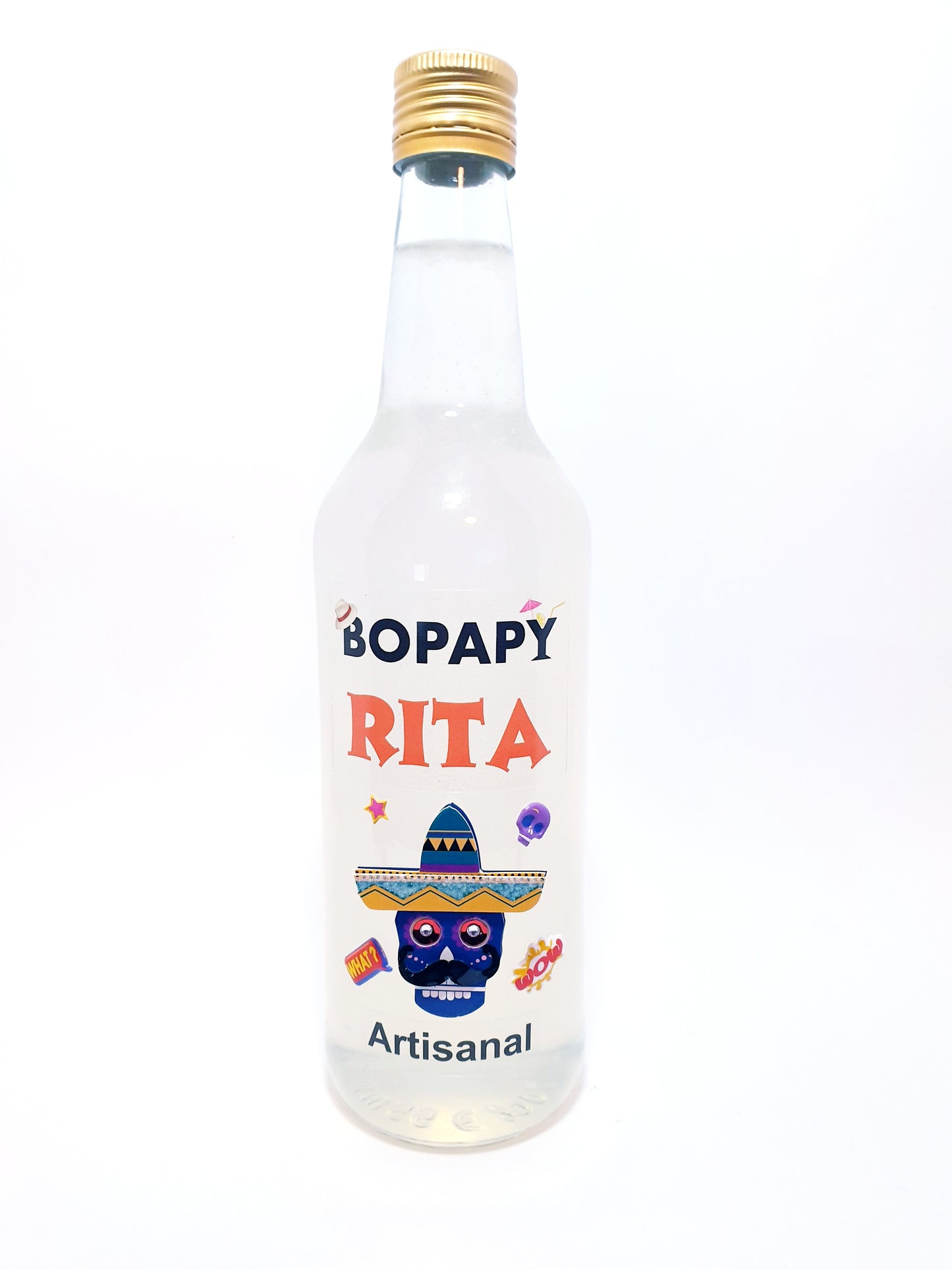 Bouteille de RITA BOPAPY, cocktail Margarita artisanal prêt à servir composé de tequila, liqueur d'orange et citron.