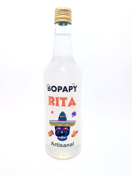 Bouteille de RITA BOPAPY, cocktail Margarita artisanal prêt à servir composé de tequila, liqueur d'orange et citron.